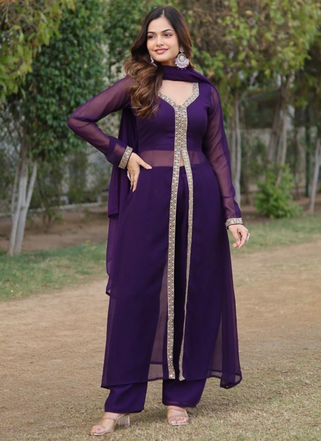 Georgette Purple Traditional Wear Embroidery Work Readymade Kurti Set